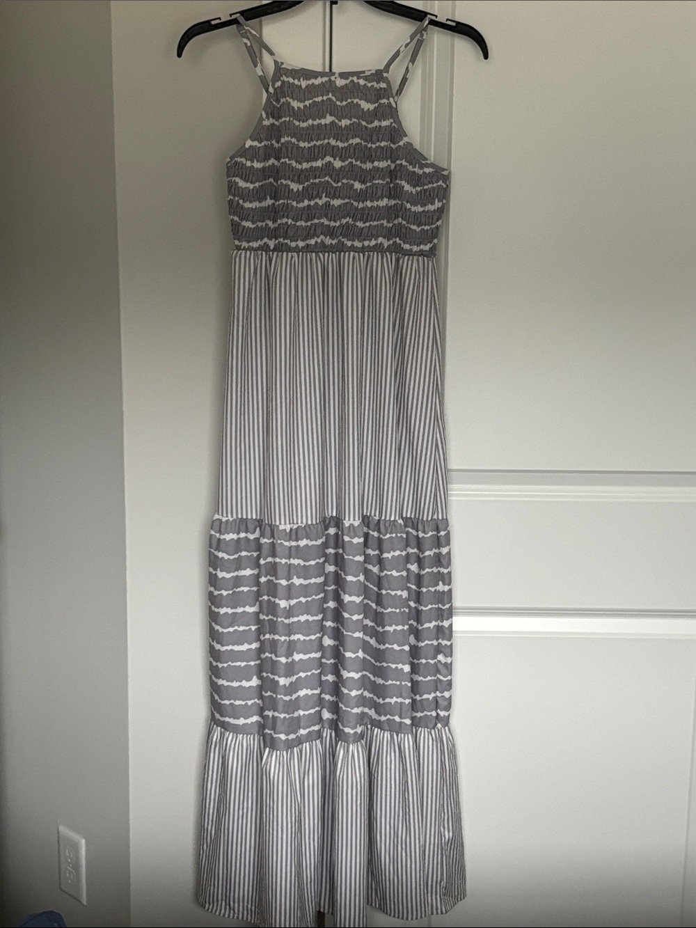 Sleeveless Gray and White Striped Maxi Dress